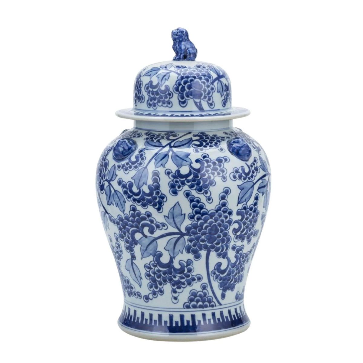 Blue And White Porcelain Peony Temple Ginger Jar With Lion Handles | The Well Appointed House, LLC