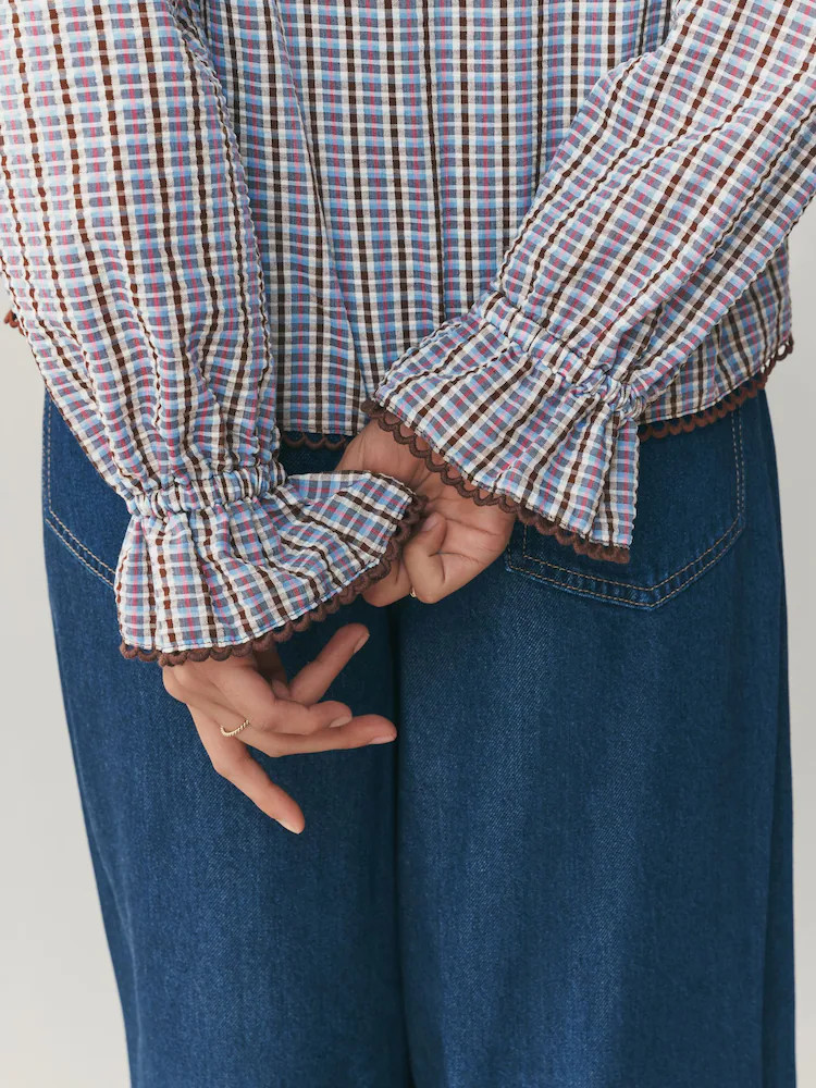 Blue/Brown Check Oversized Collar Long Sleeve Blouse | Next EU
