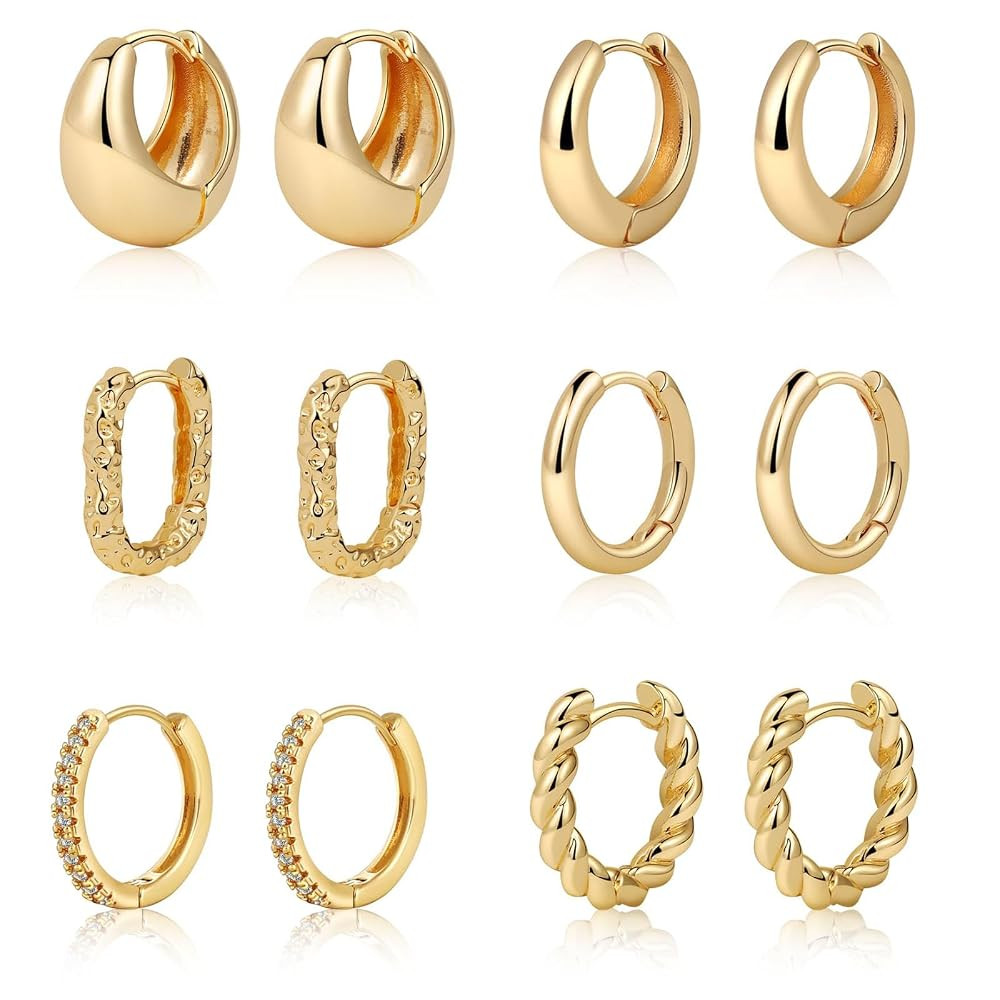 Tasiso Small Hoop Earrings for Women, 6 Pair 14K Gold Plated Huggie Hoop Earrings Lightweight Hyp... | Amazon (US)