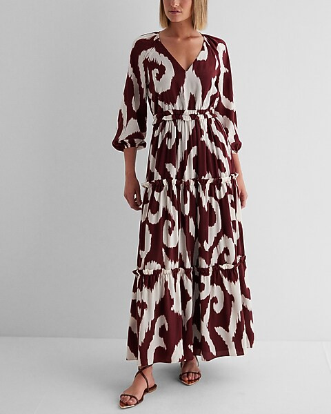 Satin Printed V-Neck Tiered Maxi Dress | Express