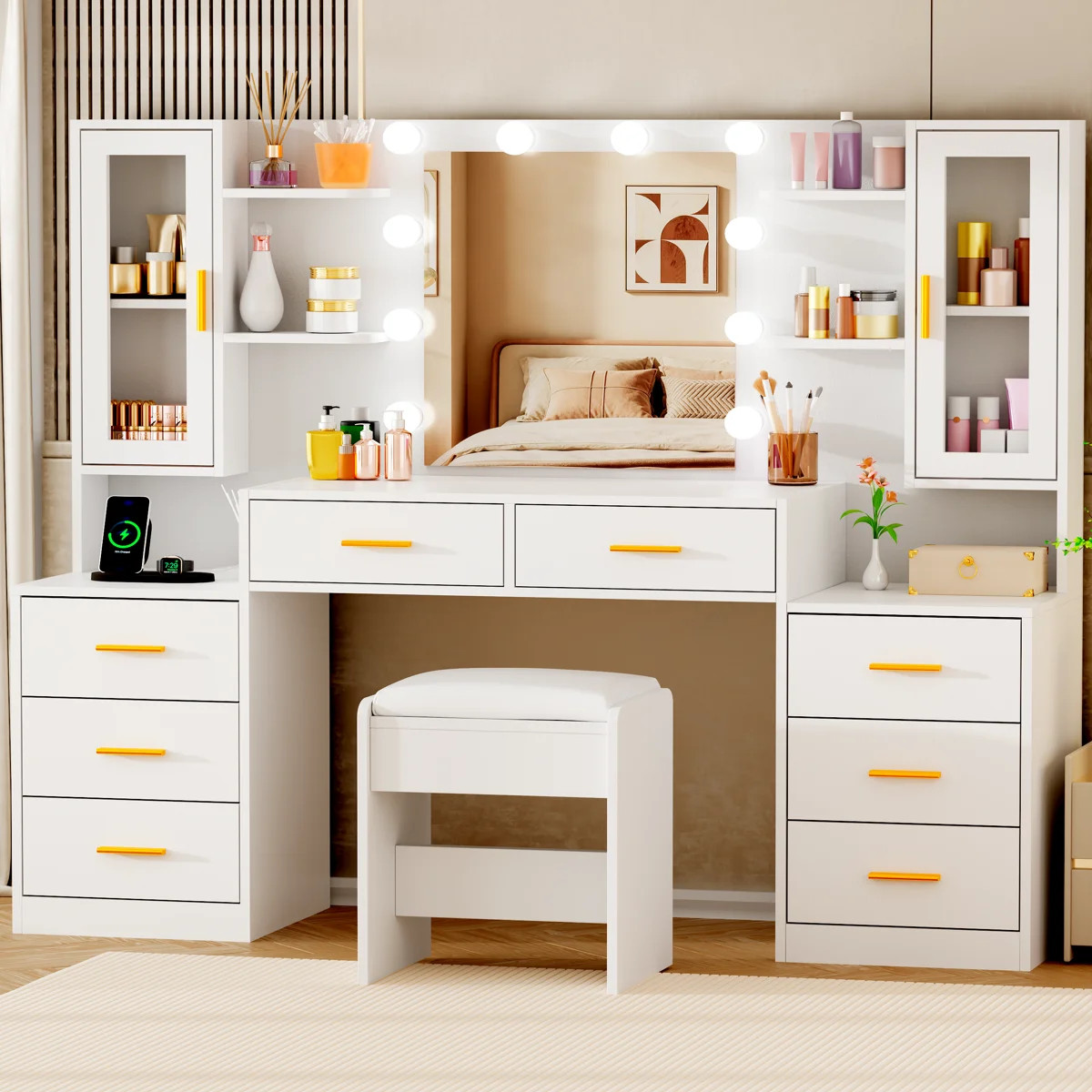Adriel 59.1" Large Vanity Desk Table With Mirror & Lights, Power Outlet And 8 Drawers 2 Cabinets | Wayfair North America