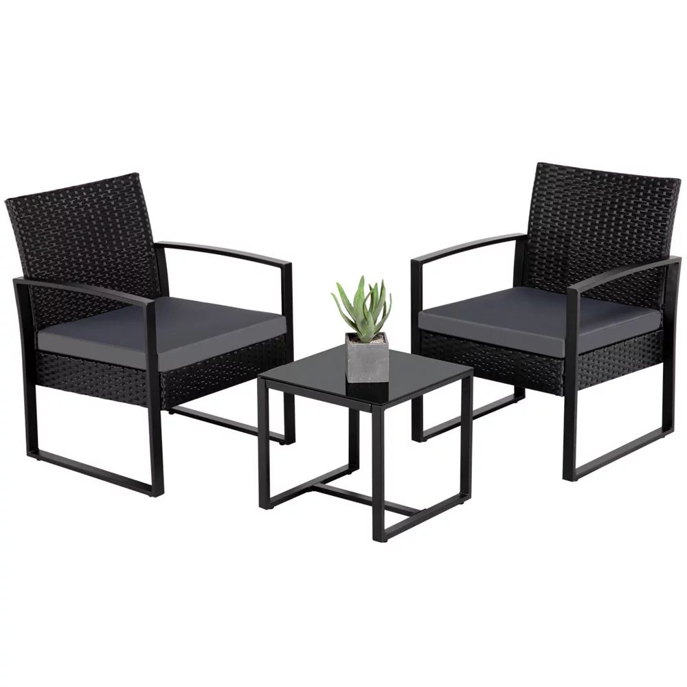 Easyfashion Set of 3 Wicker Chairs & Table Cane Chair Tea Table Set for Outside Use, Black - Walm... | Walmart (US)