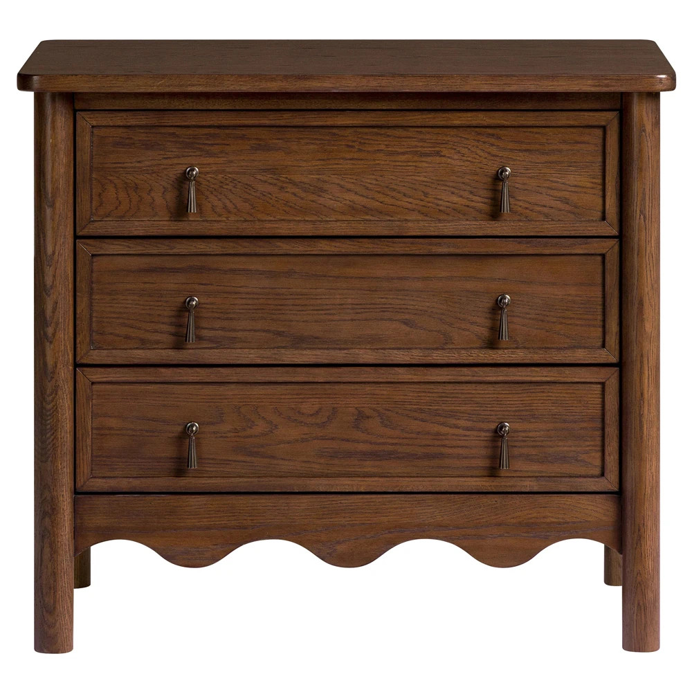 Maeva Updated Traditional Brown Oak Wood Scalloped Wide Nightstand | Kathy Kuo Home