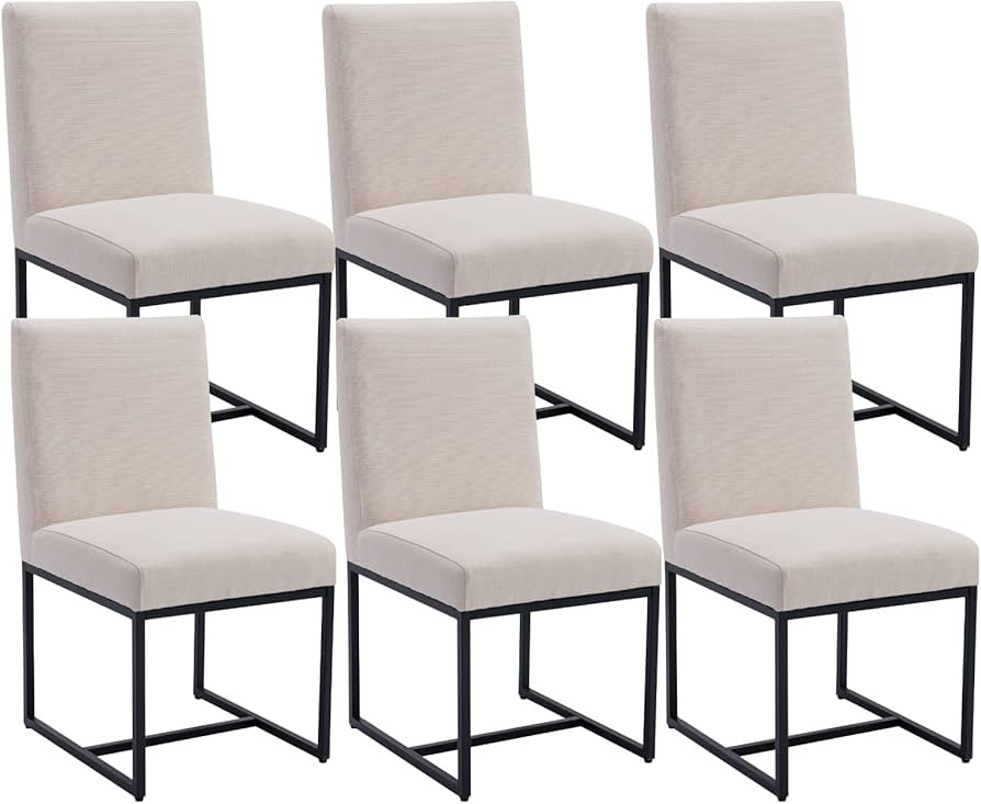CIMOTA Modern Linen Dining Chair Set of 6, Mid Century Dining Room Chairs Fabric Padded Armless Side Chair with Black Sled Base for Dining Room, Beige 6PCS | Amazon (US)