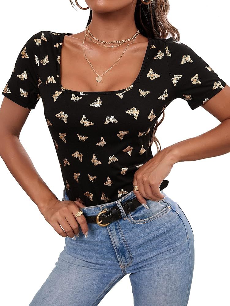 WDIRARA Women's Puff Sleeve Square Neck Short Sleeve Elegant Tee Top | Amazon (US)