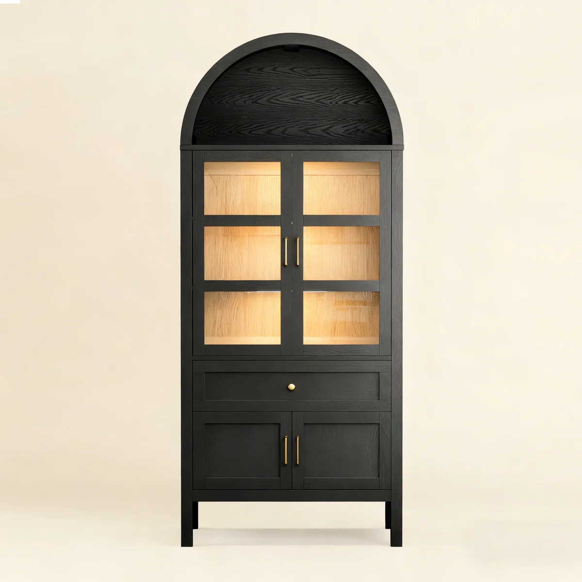71'' Tall Full Wood Arched Bookcase with Glass Doors, Adjustable Shelves & LED Lights, Drawer, Bo... | Wayfair North America