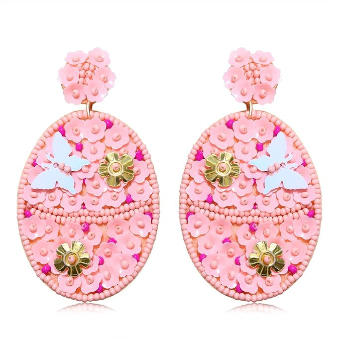 HZEYN Easter Earrings Beaded Sequins Easter Egg Earrings Colorful Sparky Butterfly Floral Beaded ... | Amazon (US)