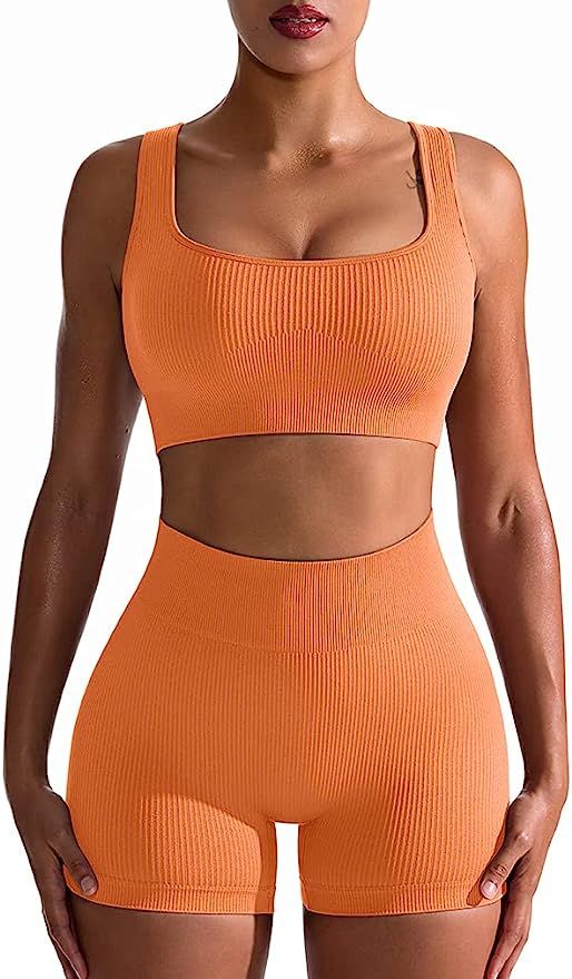 OQQ Workout Outfits for Women 2 Piece Seamless Ribbed High Waist Leggings with Sports Bra Exercis... | Amazon (US)