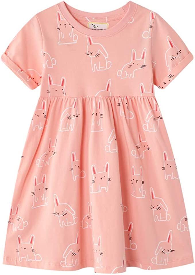 Hongshilian Little Girls Casual Cotton Dress Cartoon Print Short Sleeve Summer T-Shirt Skirt Dres... | Amazon (US)