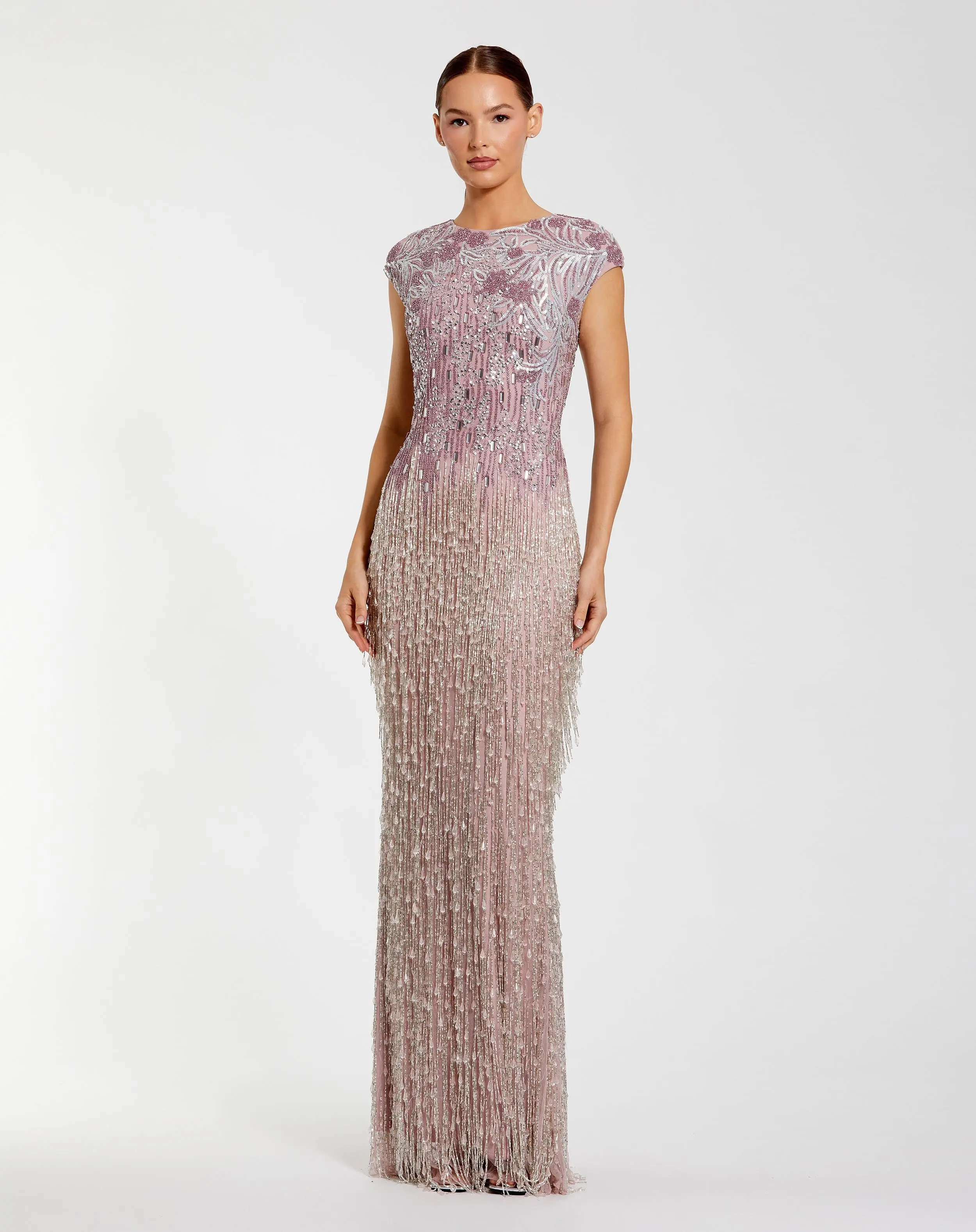 Purple Embellished Cap Sleeve Gown With Fringe Beading | Mac Duggal | Mac Duggal