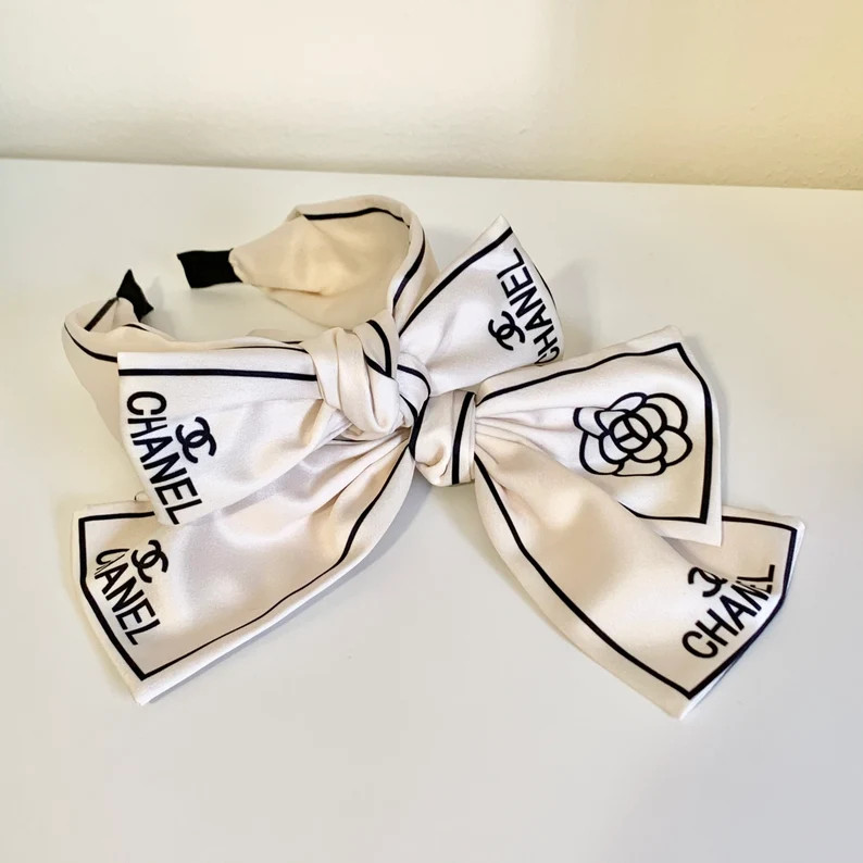 CC headband and bow set | beige and black stripe with CC logo | Etsy (US)
