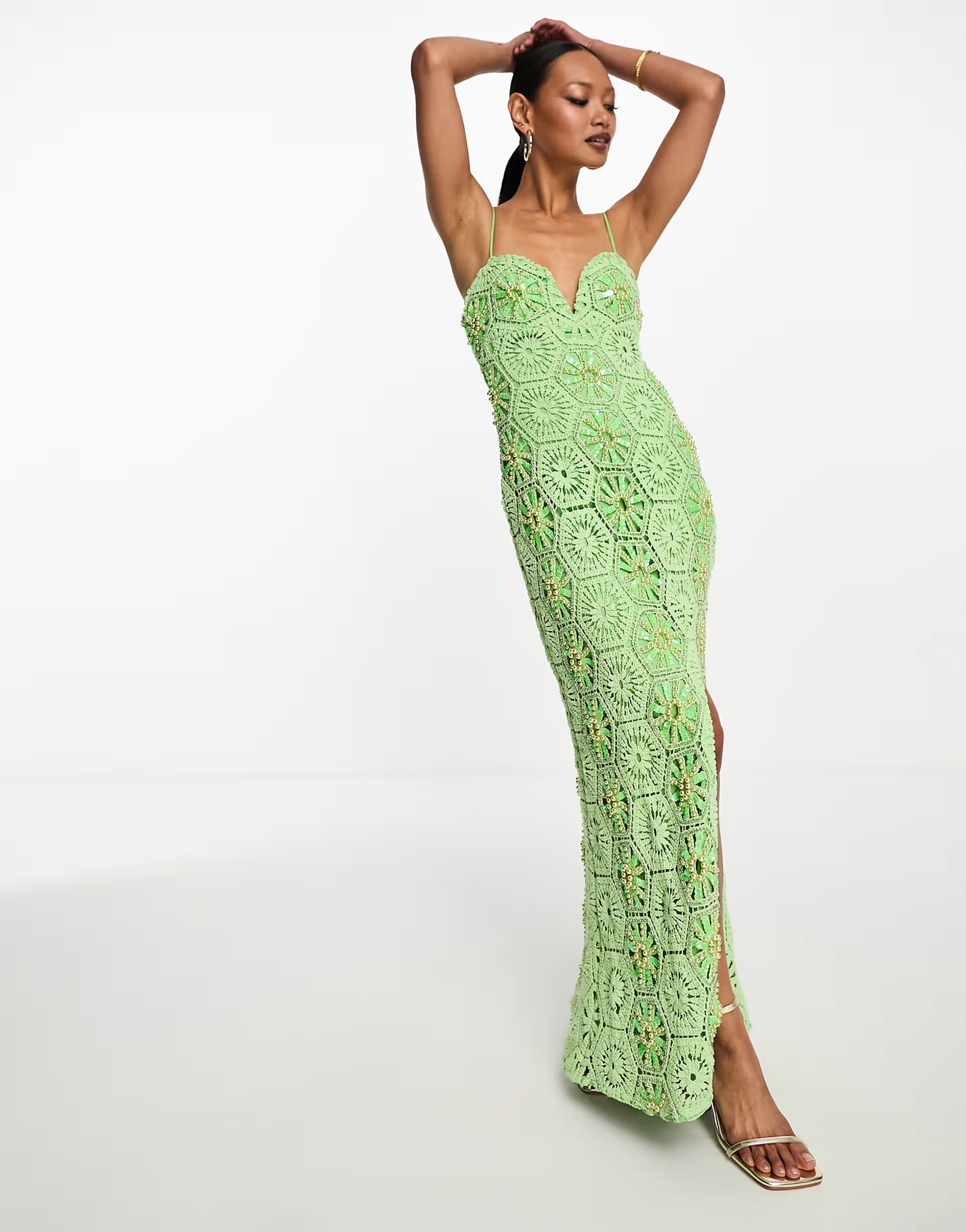 ASOS DESIGN pearl embellished sweetheart neck crochet maxi dress with split in bright green | ASOS (Global)