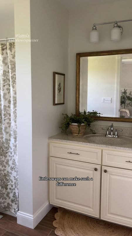 #ad #lowespartner 

bathroom refresh 🚿🌿✨ all updated polished chrome hardware is from Lowe’s - (faucet, light fixture, shower rod/rings). it’s a great place to shop for all of your summer projects! linked what we used below 🫶🏼 