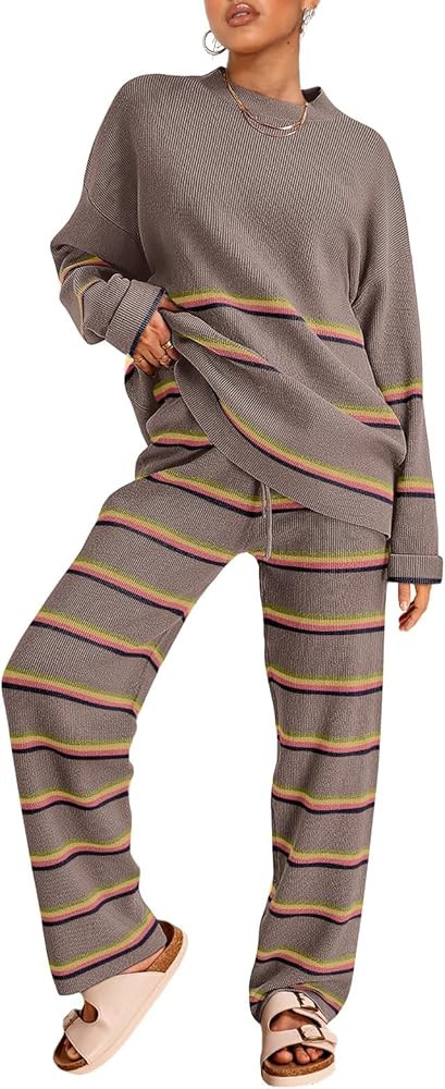 LILLUSORY 2 Piece Sets for Women 2025 Fall Outfits Two Piece Lounge Sets Sweatsuits Striped Knit ... | Amazon (US)