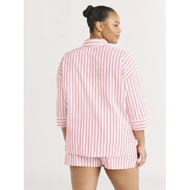 Joyspun Women’s Woven ¾ Sleeve Notch Collar Top and Boxer Shorts Pajama Set, Sizes XS-3X | Walmart (US)