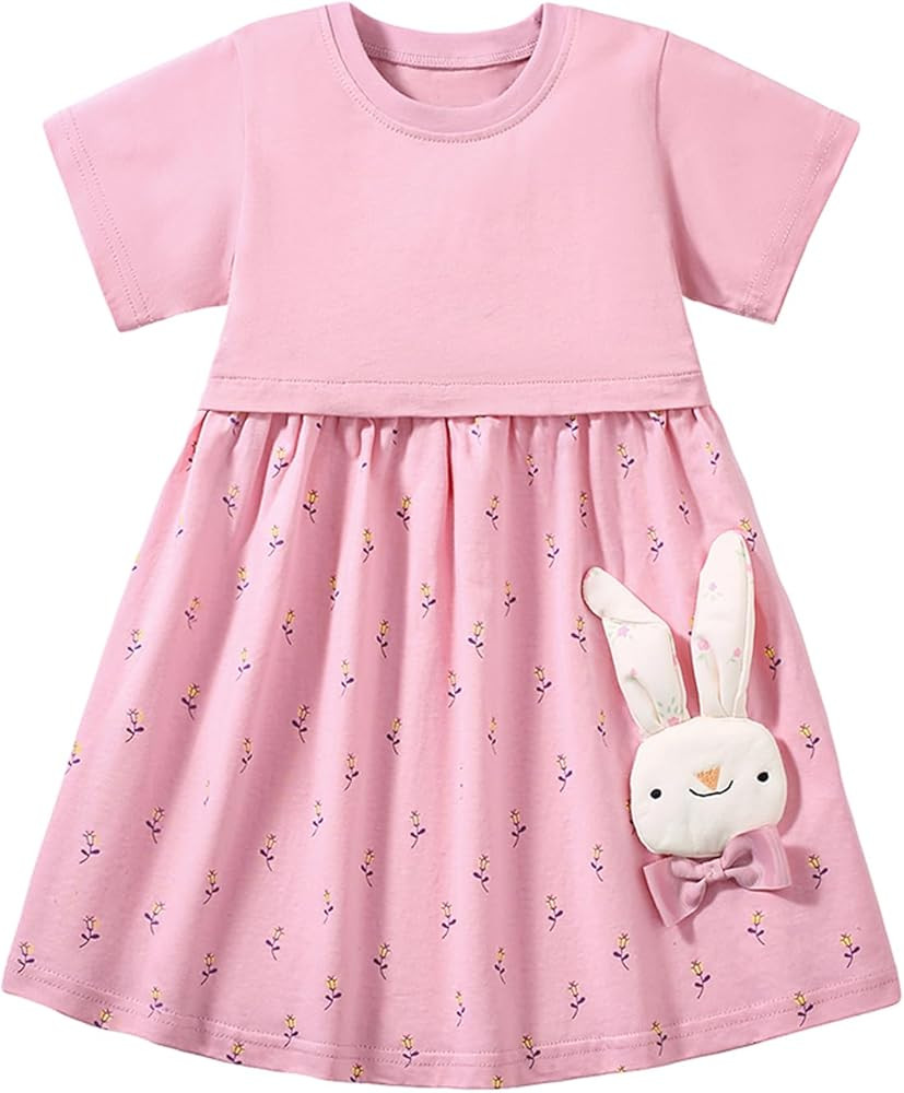 Youlebao Girls Cotton Long Sleeve Casual Cartoon Appliques Striped Jersey Dresses | Amazon (US)
