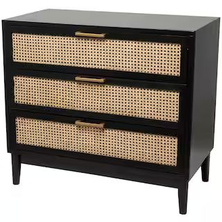 Litton Lane Black Wood 3 Drawer Cabinet with Cane Front Drawers and Gold Handles | The Home Depot
