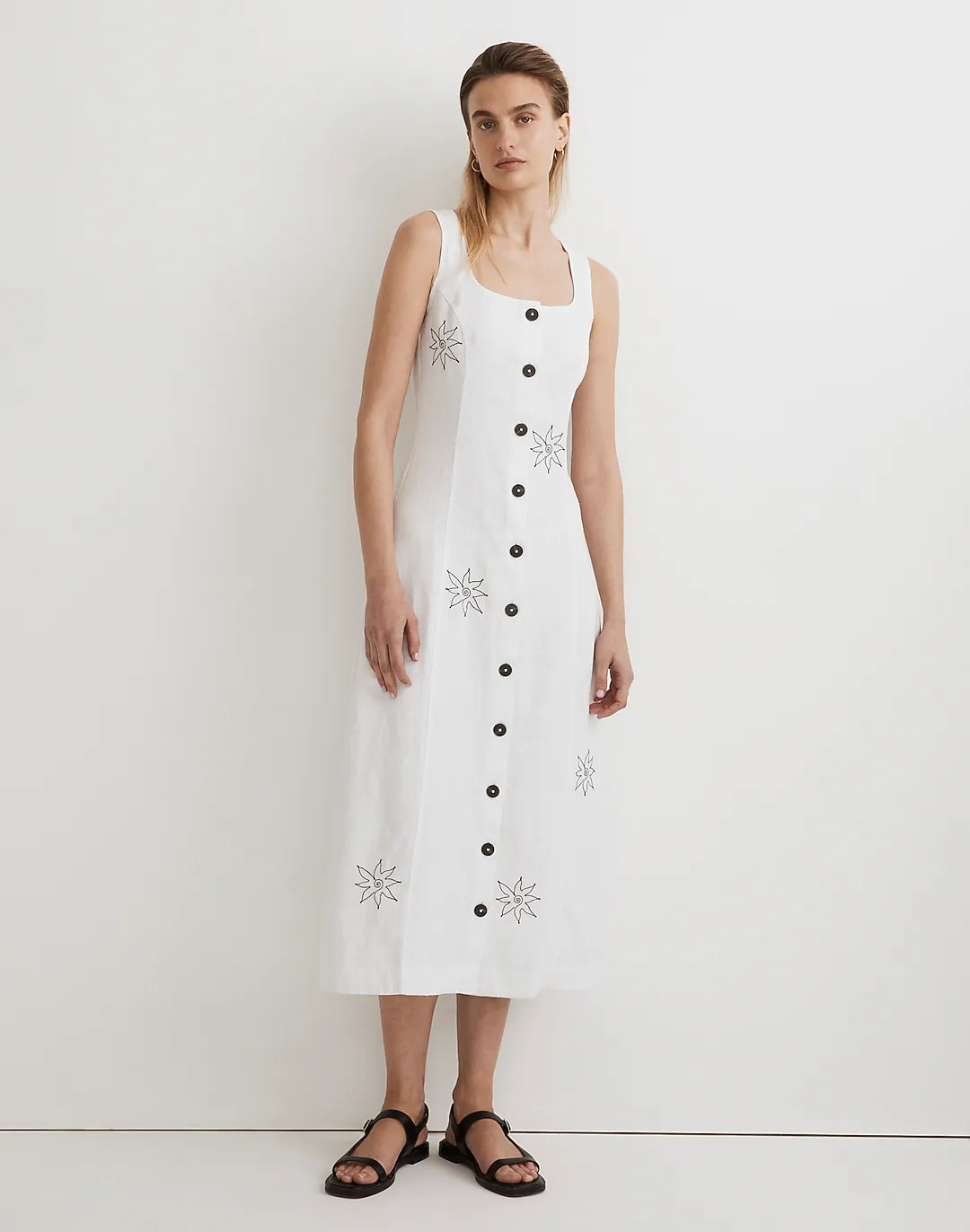 100% Linen Embroidered Button-Front Midi Dress | Madewell