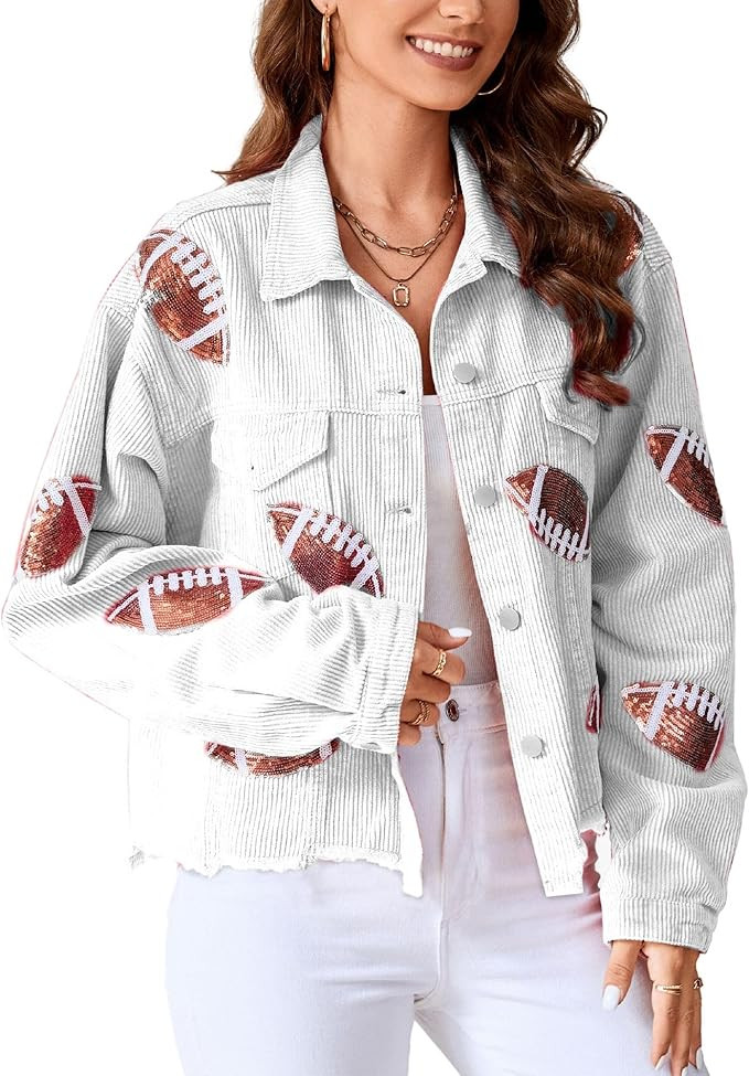 Xunger Women’s Football Corduroy Sequin Jacket Cropped Distresses Rugby Patched Shacket Coat | Amazon (US)