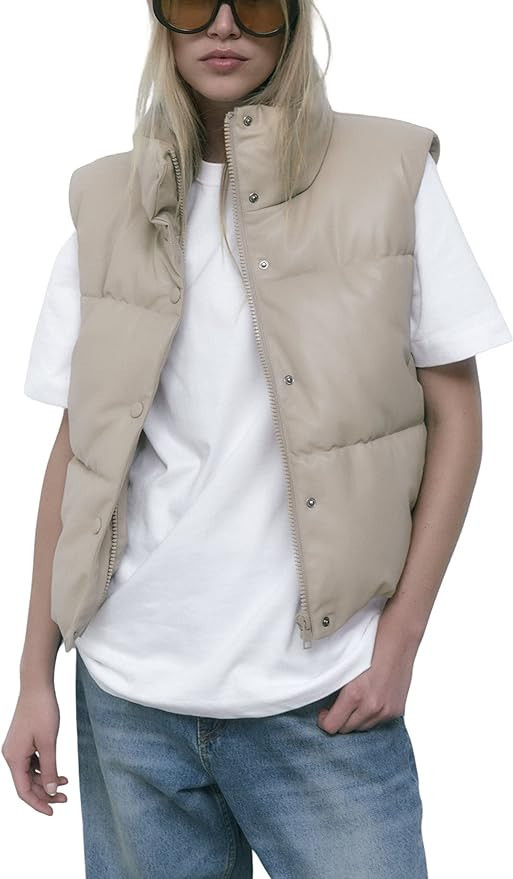 EsheSy Women's Faux Leather Puffer Vest Black Quilted Sleeveless Cropped Padded Jacket | Amazon (US)