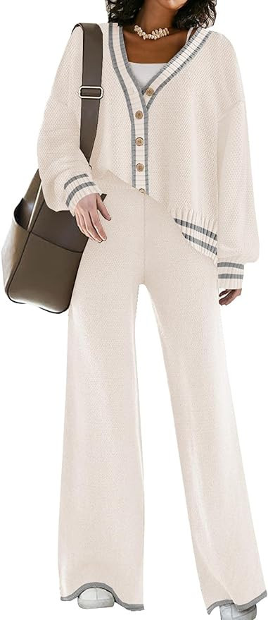 Womens Two Piece Outfits Sweater Sets Open Front Knit Cardigan and Wide Leg Pants Sweatsuit Loung... | Amazon (US)