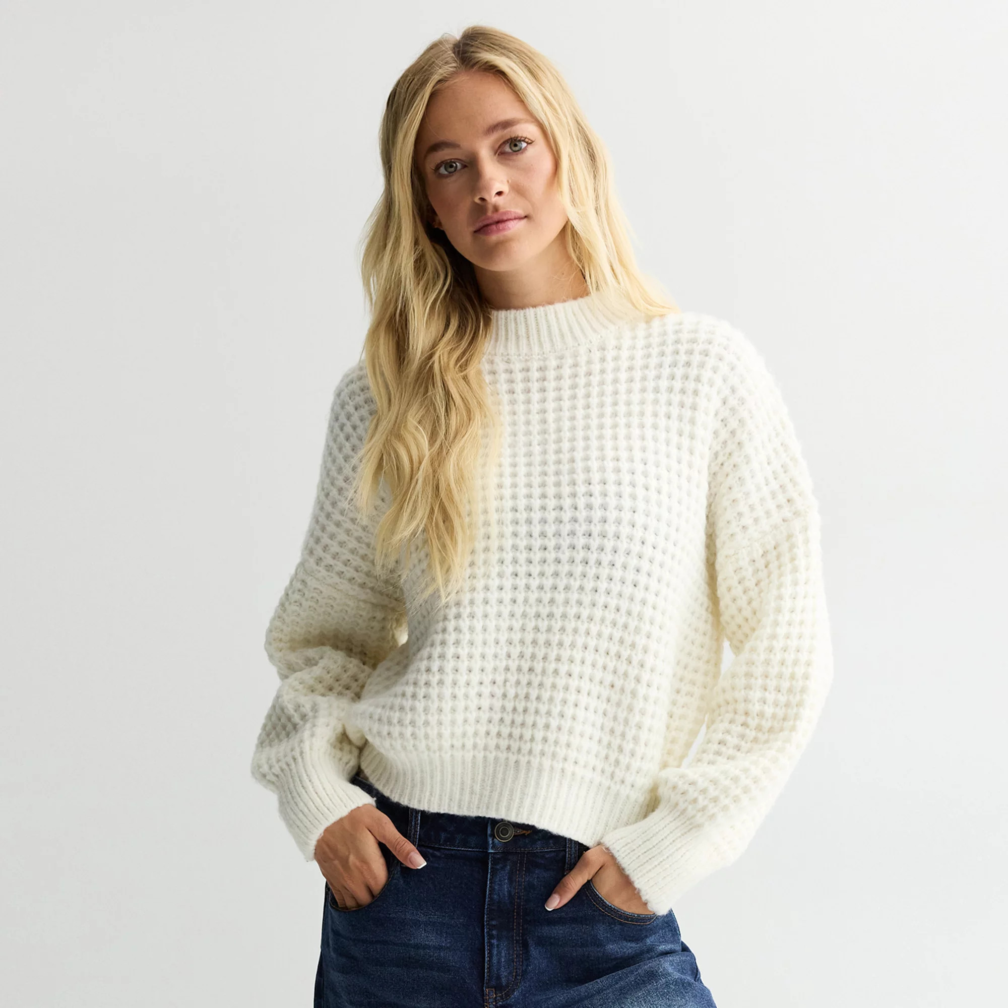 Juniors' SO® Balloon Sleeve Waffle Sweater | Kohl's