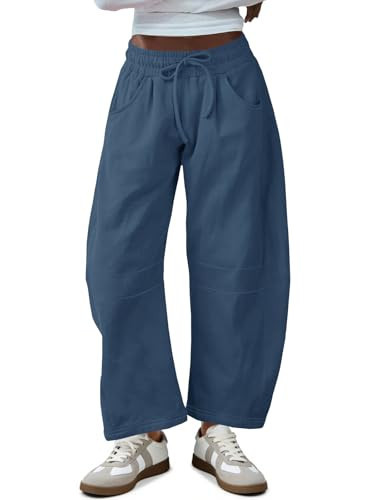 Fisoew Women's Barrel Leg Sweatpant Drawstring Elastic Waisted Wide Leg Pants Casual Active Pants with Pockets Navy | Amazon (US)