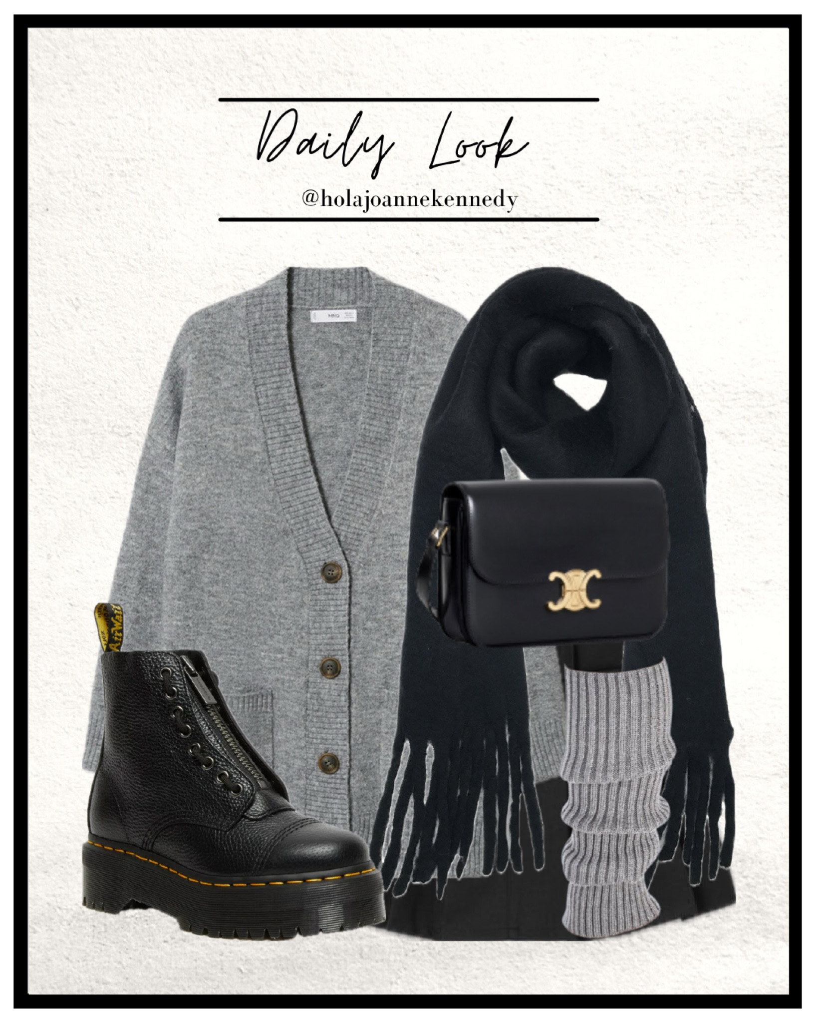 Grey oversized knit cardigan, grey button up cardigan, grey boyfriend cardigan, mango cardigan, black oversized scarf, black chunky scarf, grey leg warmers, dr martens outfit, docs outfit, doc martens Sinclair, grey outfit ideas, black skater skirt, black pleated mini skirt, black school girl style skirt  

#LTKeurope #LTKshoecrush #LTKstyletip