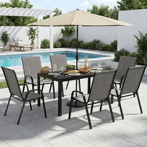 PATIOPIA 7-Piece Outdoor Dining Set, All Weather Patio Table and Chairs Set with Umbrella Hole for 6, Rectangular Steel Slat Table and 6 Textilene Chairs for Garden, Backyard, Poolside and Deck, Grey | Amazon (US)