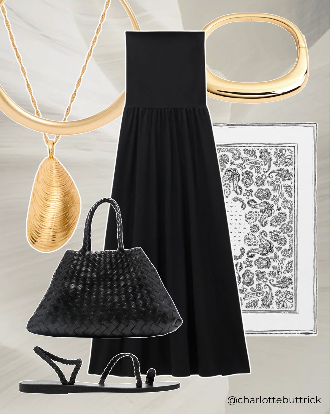 Holiday outfit - summer outfit - gold jewellery - silk scarf - black dress - Sezane - summer dress - Ancient Greek sandals - dragon diffusion Santa croc tote small 

#LTKuk #LTKsummer #LTKstyletip