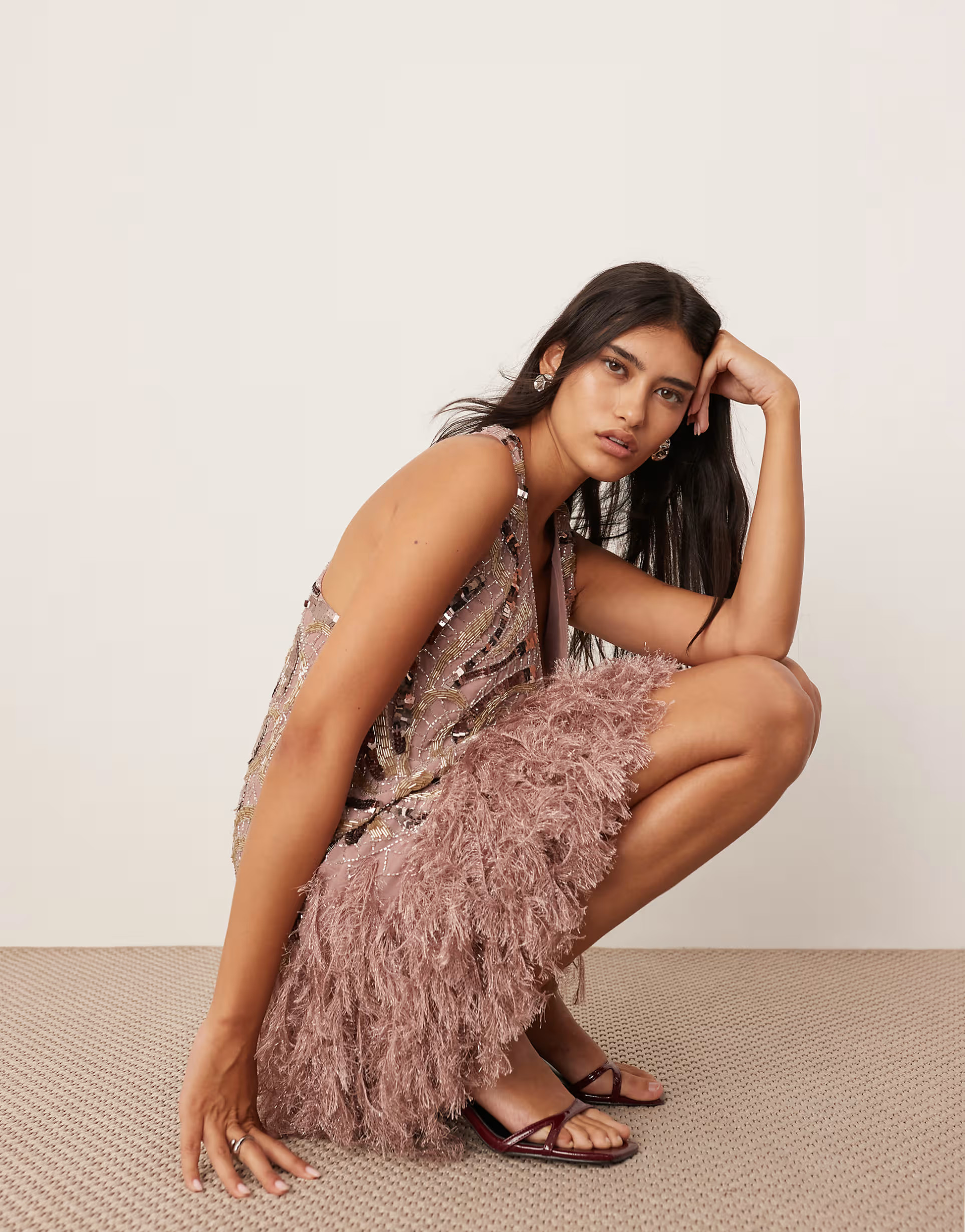 ASOS EDITION embellished plunge neck mini dress with faux feather hem in plum | ASOS (Global)
