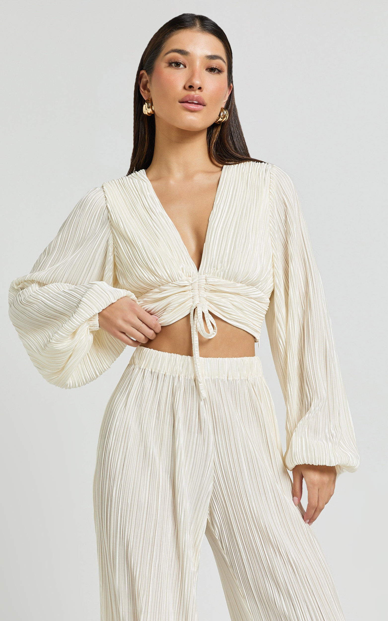 Jondra Blouse - Ruched Front Long Sleeve Plisse Blouse in Cream | Showpo (US, UK & Europe)