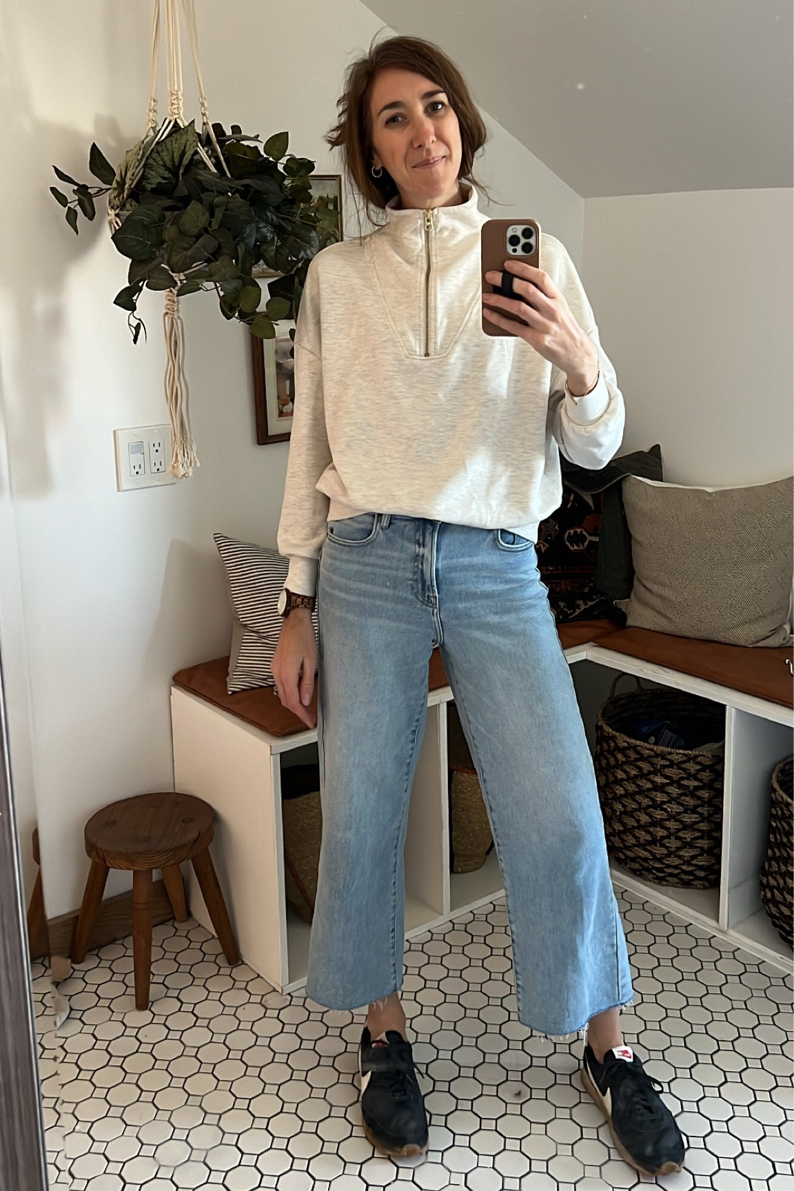 Lightweight half zip with a pretty gold zipper and the softest most comfy jeans ever! Paired with some classic Nikes! 

#LTKhome #LTKshoecrush