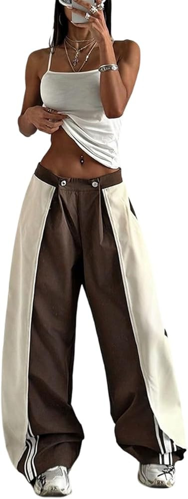 Verdusa Women's Colorblock Wide Leg Baggy Pants Sport Workout Loose Long Trousers | Amazon (US)