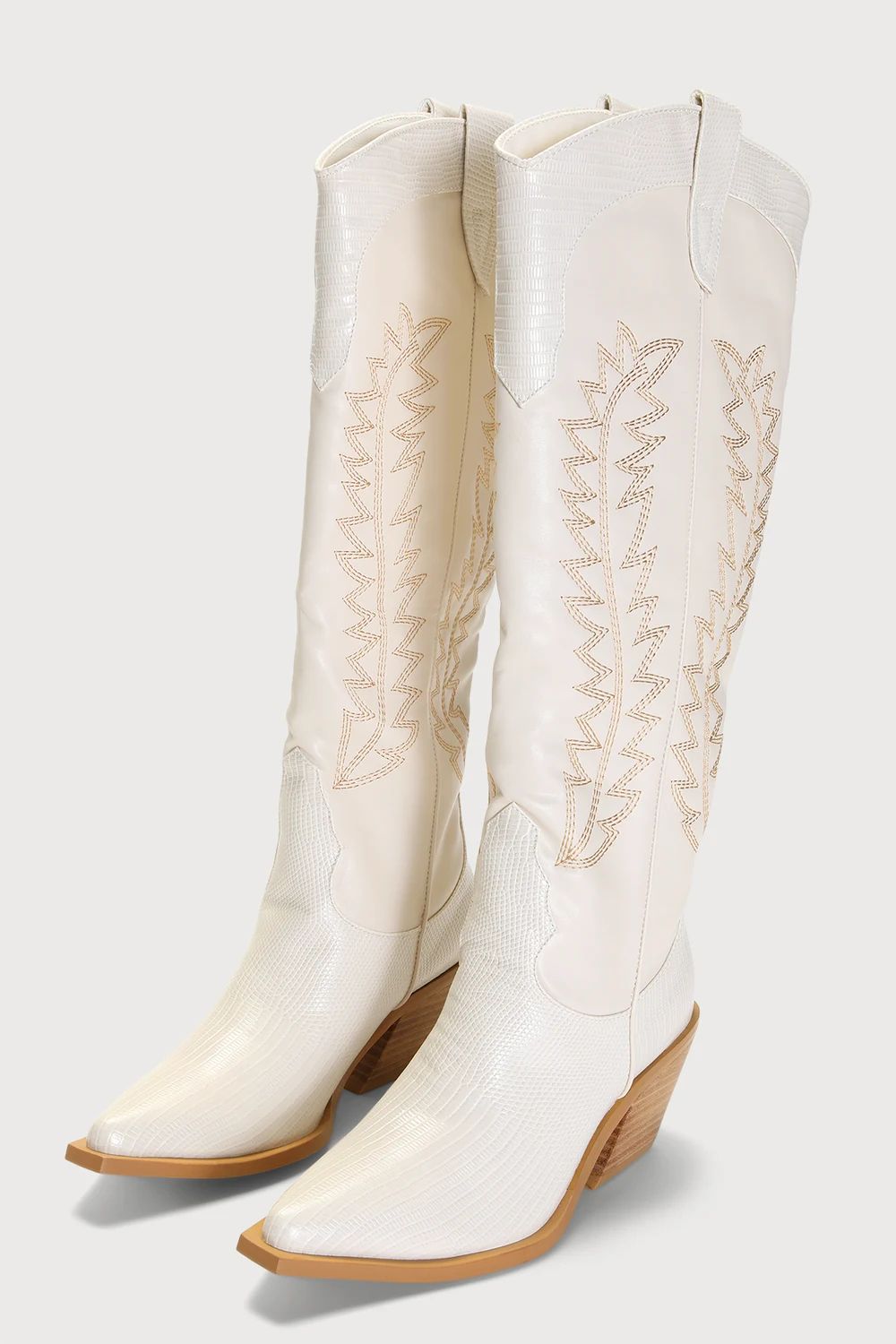 Ukiri Ivory Snake Pointed-Toe Knee-High Western Boots | Lulus (US)