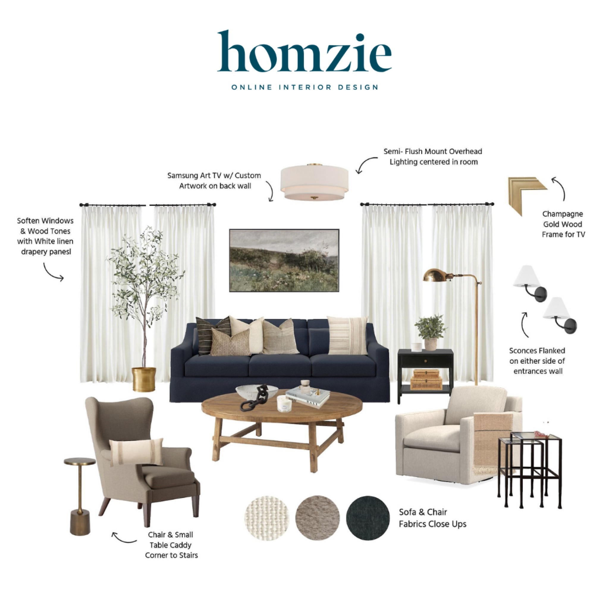 We loved designing this modern cottage living room for our virtual interior design client. This space features a deep navy sofa, ivory upholstered chairs, an oval coffee table, vintage art, and several neutral throw pillows.

Work 1:1 with a Homzie virtual interior designer for a low flat-rate and receive a custom, shoppable decorating plan! - all online.  Get started homziedesigns.com/work-with-us 

#LTKFindsUnder100 #LTKFindsUnder50 #LTKHome