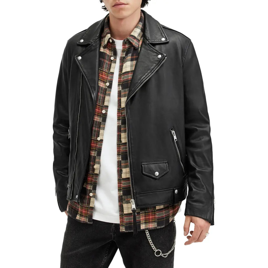 AllSaints Milo Asymmetric Zip Leather Biker Jacket in Black at Nordstrom, Size X-Large | Nordstrom