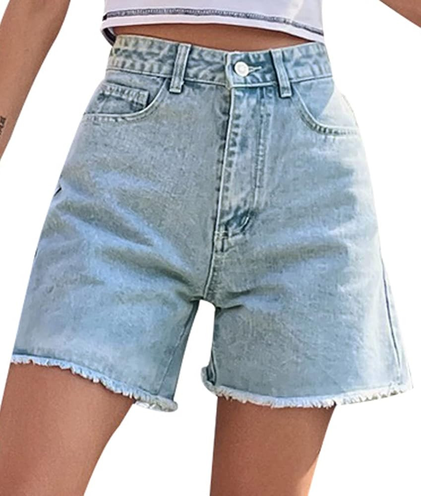 JASAMBAC Women's High Waisted Denim Shorts Rolled Hem Wide Leg Casual Jean Shorts with Pockets | Amazon (US)