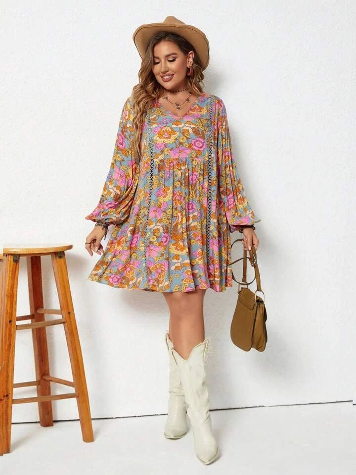 Rusttydustty Plus 1pc Floral Print Bishop Sleeve Lace Insert Smock Dress | SHEIN