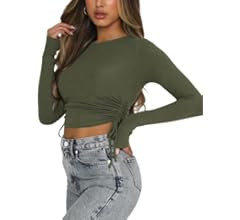 MOPOOGOSS Womens Short Long Sleeve Crew Neck Ribbed Ruched Drawstring Slim Fitted Workout Crop Ta... | Amazon (US)