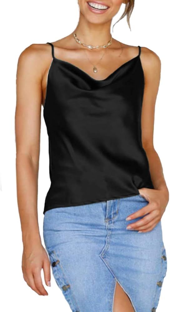 Famulily Women Cowl Neck Silky Cami Tank Top Soft Summer Strappy Camisole Crop Top | Amazon (US)