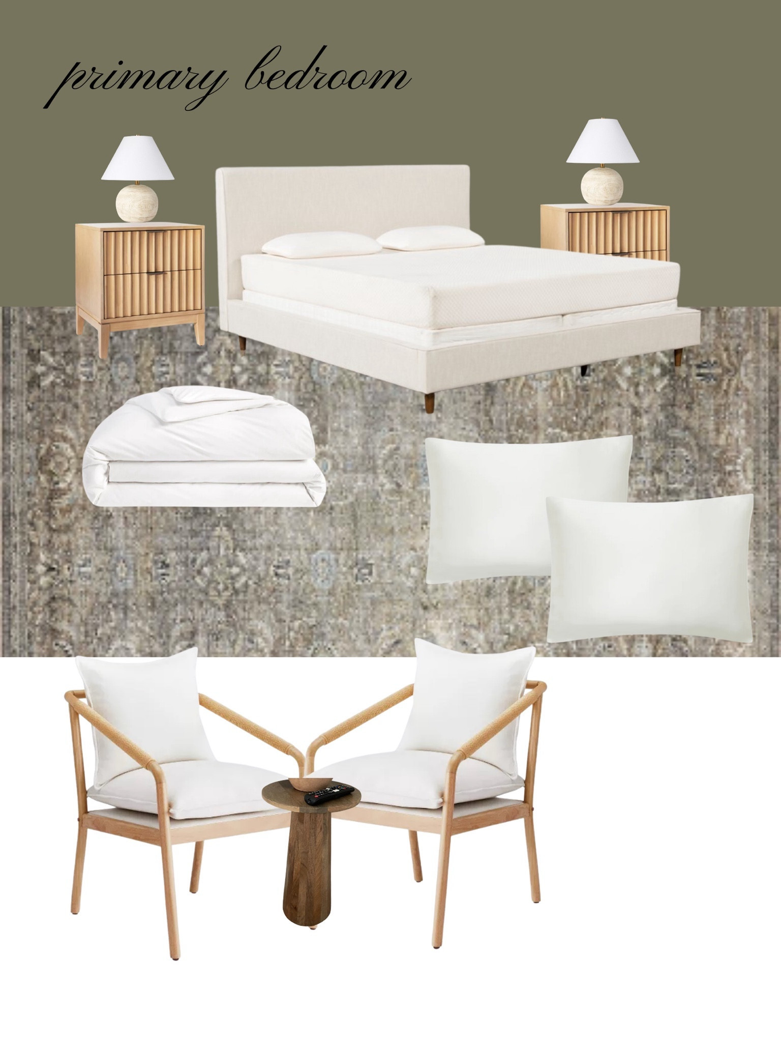 My primary bedroom finds & purchases 🫒🕊️  all bedding is on SALE from brooklinen!!! #salealert #homesale #brooklinen and side tables + chairs from target! @brooklinen
- king luxe sateen duvet cover (white)
- king duvet insert (down alternative) 
- king luxe sateen sheet set with pillowcases (cream) 
- king mulberry silk pillowcase (cream) 
- *bed is from living spaces (dean upholstered sand king), but linked similar! #ltkhome #ltkhomefinds