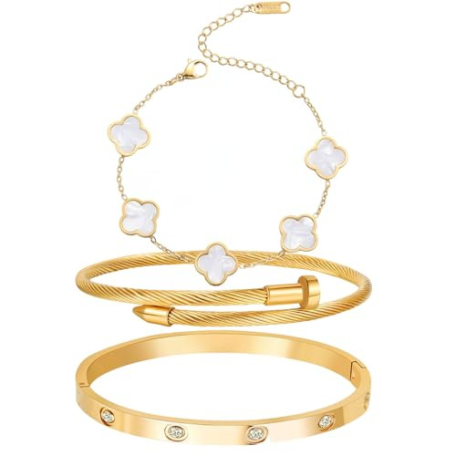 18K Gold Plated Four Leaf Clover Bracelet Bangle Set for Women Stack Bracelets Stainless Steel Ba... | Amazon (US)