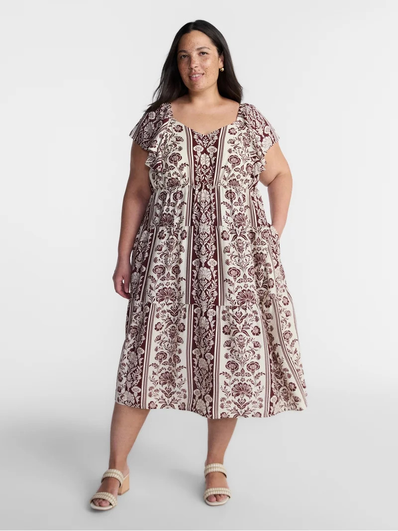 Terra & Sky Women’s Plus Midi Dress with Short Flutter Sleeves, Sizes 0X-5X | Walmart (US)