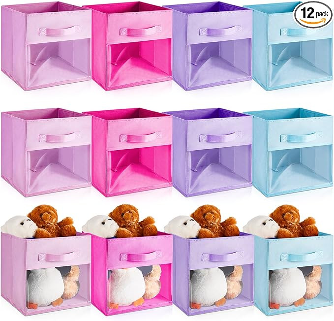 Marsui 12 Pcs Clear Storage Bins Collapsible Cube Fabric Storage Organizer Bin with Window for Ki... | Amazon (US)
