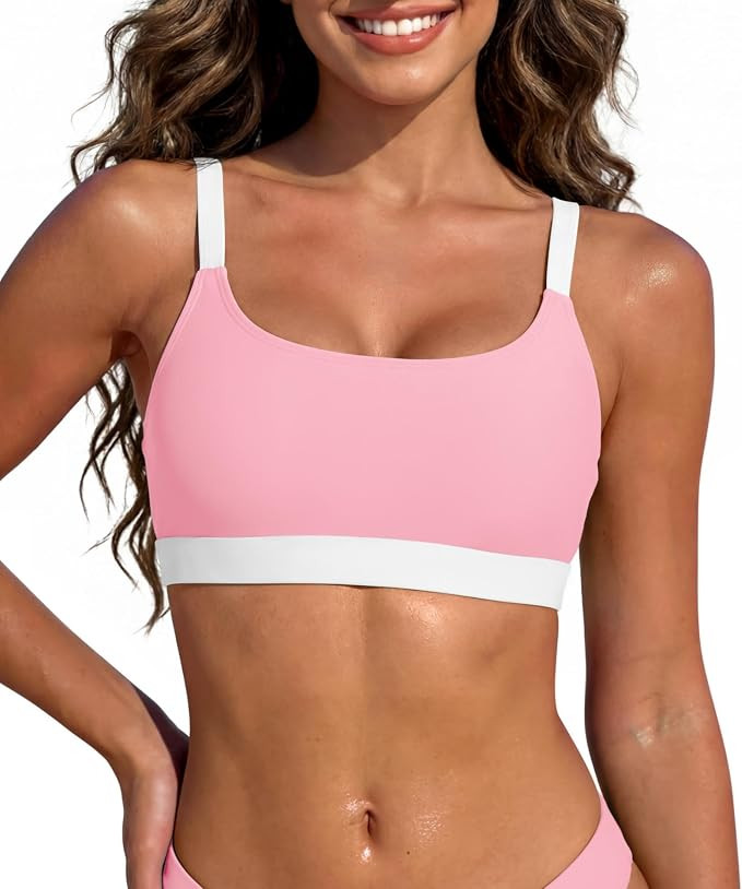 Sports Swim Bra Bikini Tops for Women Classic Bathing Suits Top with Padded Crop Swimsuit | Amazon (US)
