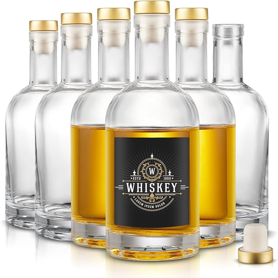 Mfacoy Set of 6 Glass Bottles, 12 oz Clear Liquor Bottles, Heavy Base Glass Bottles with T-Top Ca... | Amazon (US)