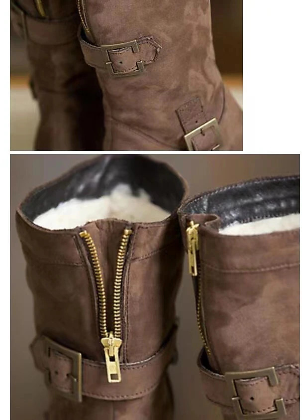 Women's Brown Faux Leather Motorcycle Boots with Buckle Straps and Faux Fur Lining - Mid-Calf Win... | Lightinthebox
