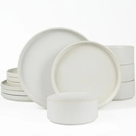 Famiware Star Stoneware Dinnerware Sets, Plates and Bowls Set for 4, 12 Piece Dish Set, Matte White | Walmart (US)