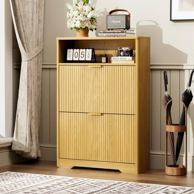 Racxily 2 Filp Shoe Cabinet Storage for Entryway, Hidden Shoes Organizer with 2 Flip Drawers for Foyer, Hallway, Natural | Target